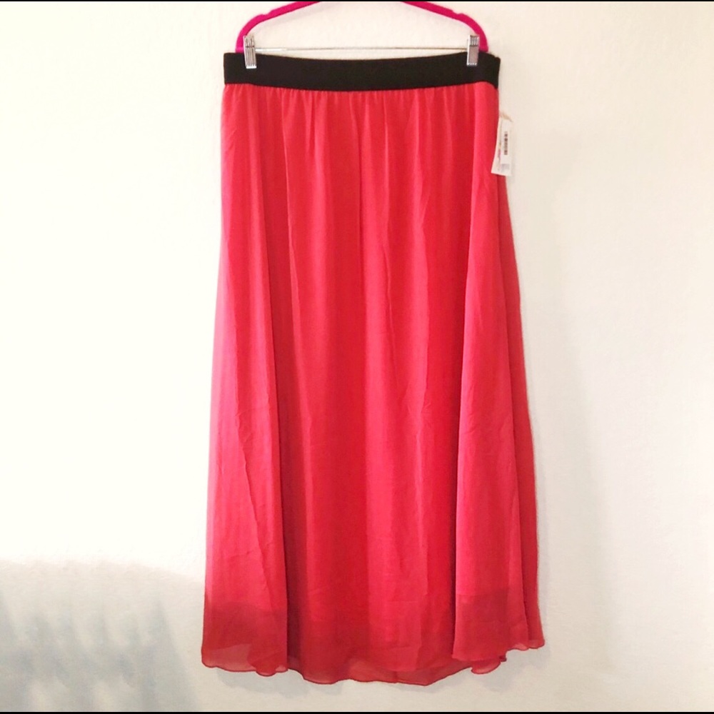 LuLaRoe Maxi Skirt Lucy Neon Coral Chiffon w/ Black Elastic Waistband Sz 2X BNWT